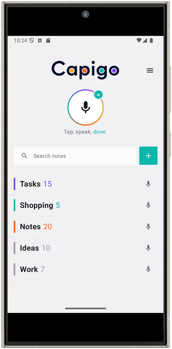 Capigo home screen, light theme